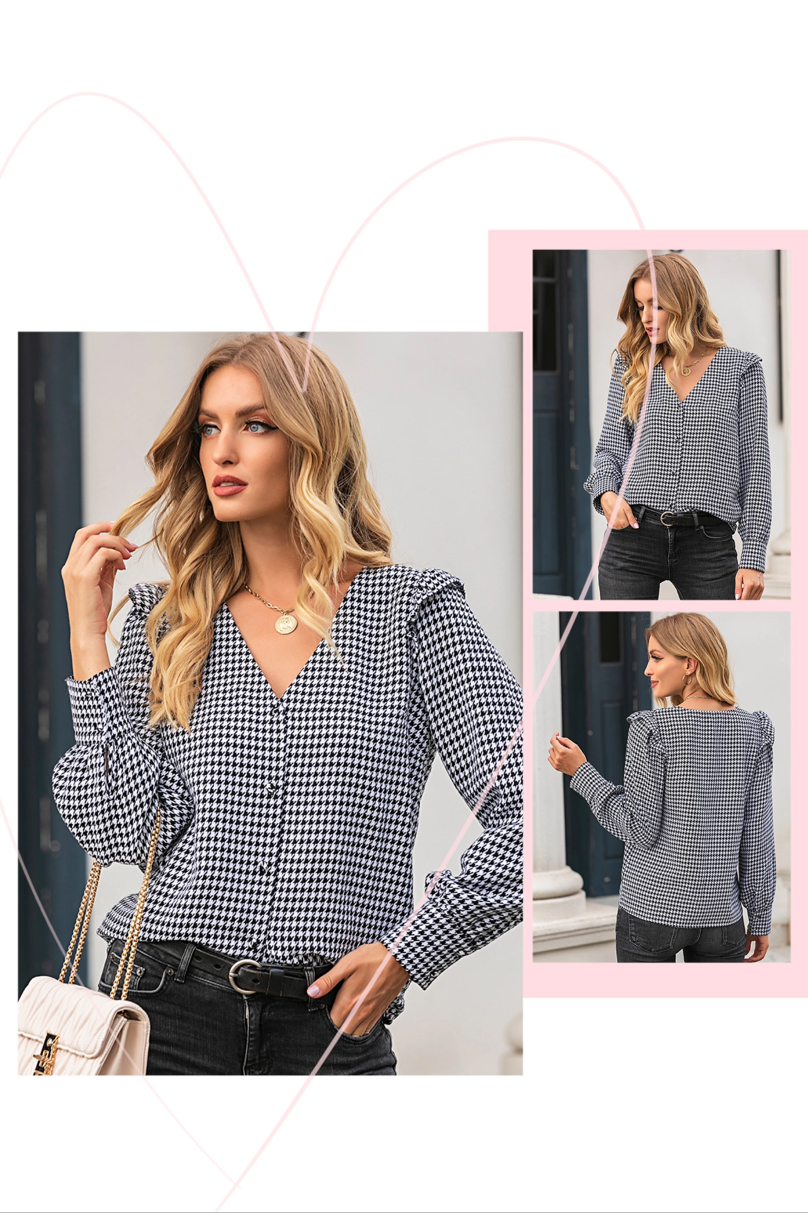 

Check pattern blouse Houndstooth pattern large V-neck single-breasted shirt cardigan Fashion urban style women's clothing