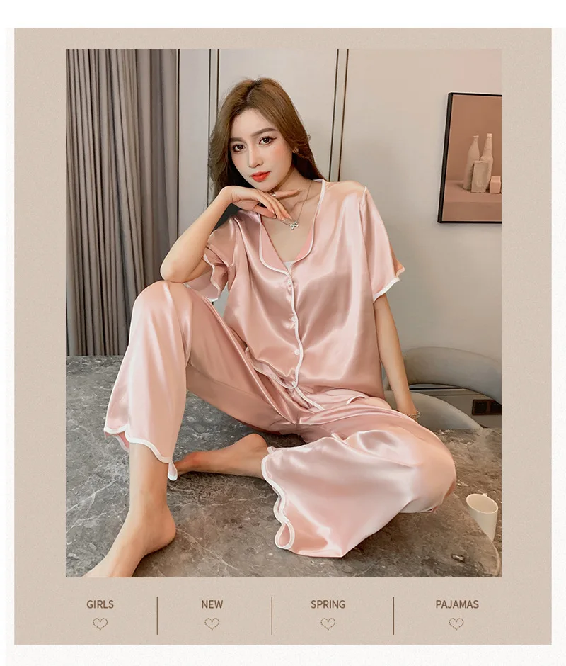 Spring Summer 2021 Women's Pajamas Suit Fashion Ice Silk Short V-Neck Nightgown Home Clothes Female Sleepwear Sleeping Wear