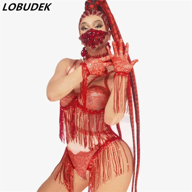 

3D Printed Red Tassel Stretch Bodysuit Sexy Sleeveless Leotard Women Stage Wear Sexy Nightclub Bar DJ Singer Pole Dance Costume