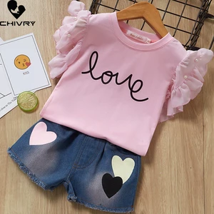 Two-piece Girls Clothing Sets Summer 2022 Baby Girls Letter Print Short Sleeve T Shirts with Heart Denim Shorts Clothes Suit