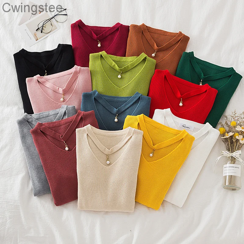 

Осенне-зимняя одежда, женские свитера с v-образным вырезом и жемчужинами, вязаный Топ, пуловер, Женский базовый Повседневный вязаный свитер ...