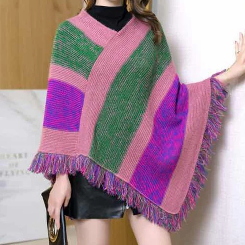 

Winter Knitted Pullover Cloak Colorful Stripe Knitting Tassel Shawl Women Soft Warmer Pullover Sweater Shawl Cloak