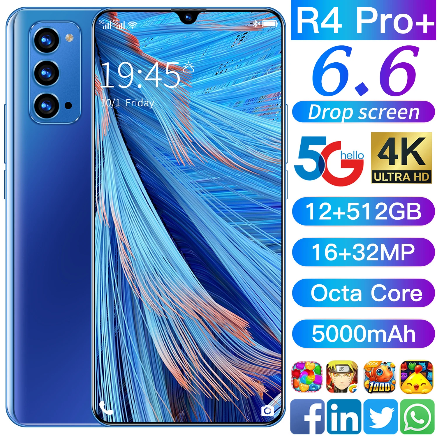 

Global Version R4 Pro+ 6.6 Inch Cellphone 5000mAh Dual SIM 16MP+32MP Deca Core 12G+512G Face Unlock 5G Network Mobile Smartphone
