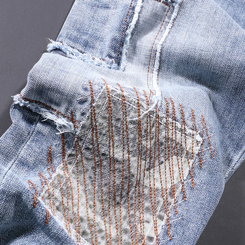 American Street Fashion Men Jeans Retro Light Blue Slim Fit Ripped Jeans Men Embroidery Patch Designer Hip Hop Denim Punk Pants