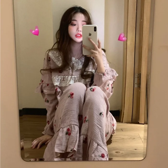 

Autumn Pajamas Suit Women's Cherry Loose Comfortable Long Sleeve Trousers Home Wear Two-piece Suit Rac