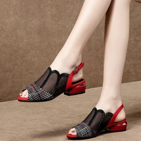 peep toe women sandalslow square heelwoman mesh shoescasual hollow out buckle strap2021 spring summer newbig sizeblack red
