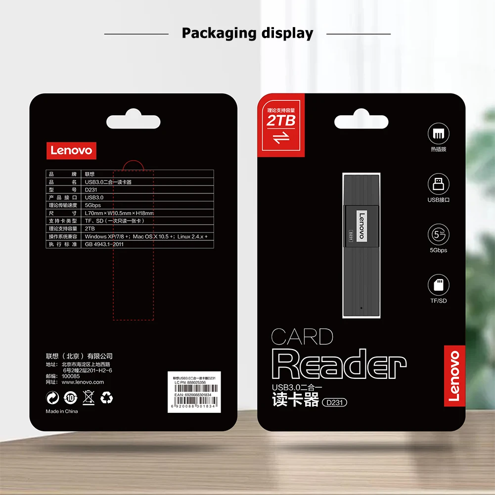 Lenovo D231 USB 3 0 кард ридер 2 в 1 SD TF слот для карт памяти адаптер Высокая скорость