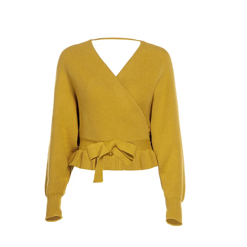 Женский вязаный пуловер с глубоким v-образным вырезом желтый винно-черный пояс
