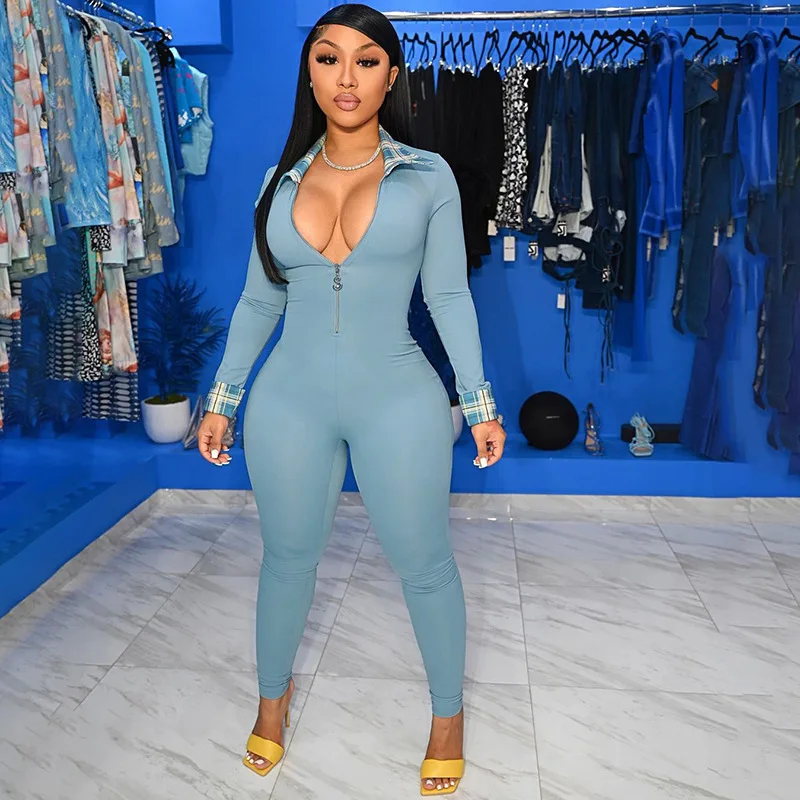 

Adogirl Casual Bodycon Jumpsuit Women Patchwork Plaid Zipper Rompers Full Sleeve One Piece Fashion Streetwear Slim Female Overal