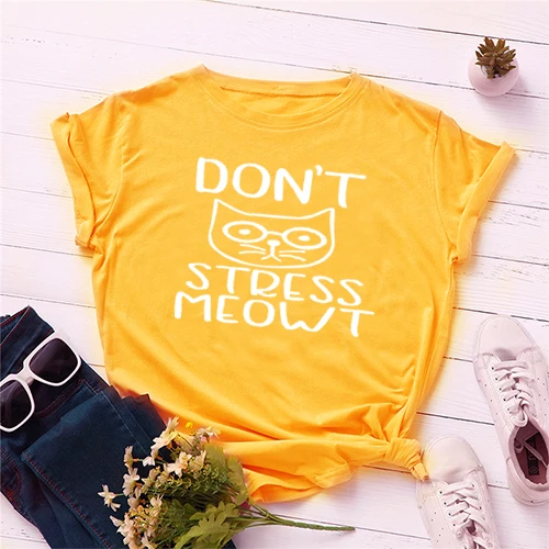 

Don't Stress Meowt Creative Cat MomT Shirts 90s Cotton Short Sleeve Letter T-shirt Graphic Cute Top Tees For Women Girls