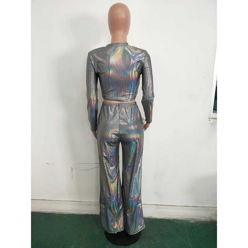 

Sexy 2 Piece Set Women Sequin With Zipper Long Sleeve Crop Top + Long Wide Pants Women Tracksuit Clubwear Autumn Outfits