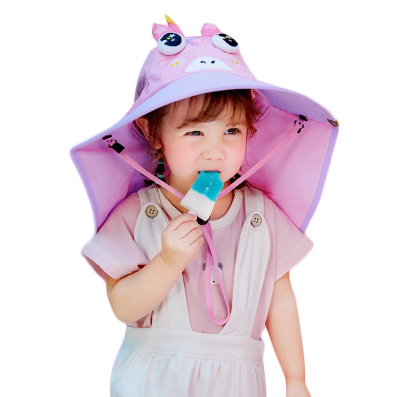 

Kids Sun Protection Bucket Hat with Neck Flap Cartoon Anmal Foldable Beach