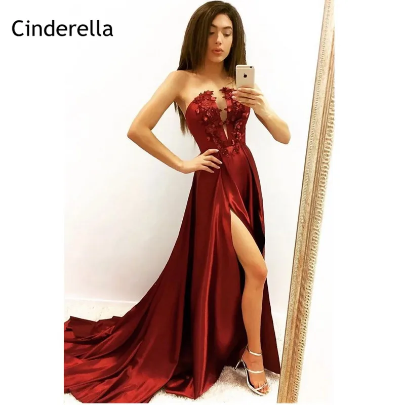 

Hand Made Flower Burgundy A-Line Side Slit Court Train Women Prom Dresses With Zipper Back vestidos de fiesta de noche