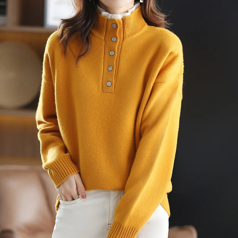 Temperament Double-Layered Sweater Women's Pullover Western-Style Blouse Autumn And Winter Lazy Semi-High Collar Pure Wool Knit