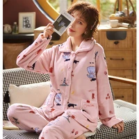 2020 new women pajama sets women pyjamas thick flannel warm pyjamas sleepwear full trousers cute animal female homewear