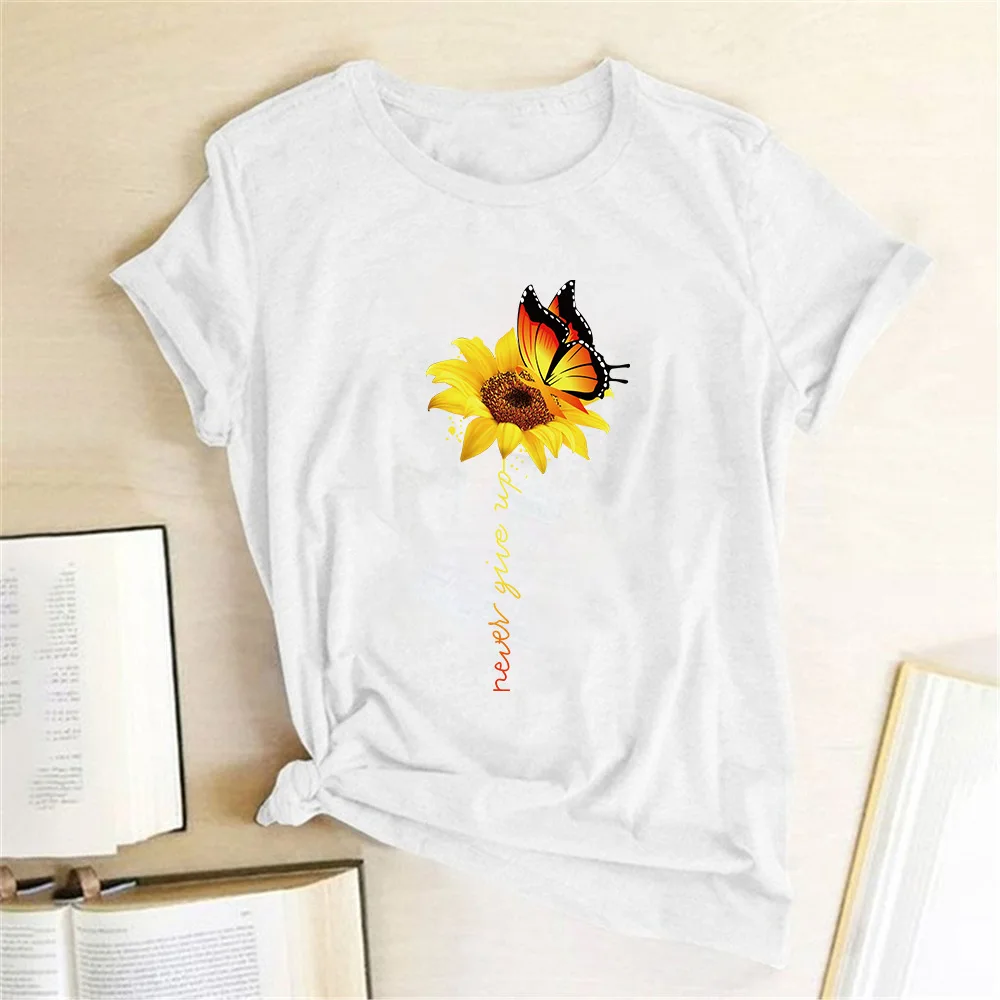 

Butterfly Sunflower Print T Shirt Women Short Sleeve O Neck Loose Tshirt Summer Women Tee Shirt Tops Camisetas Mujer