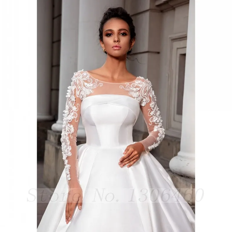 

Thinyfull Princess Boho Ball Gown Wedding Dress O Neck Long Sleeve Court Train Bridal Gown Satin Applique Lace Vestido De Novia