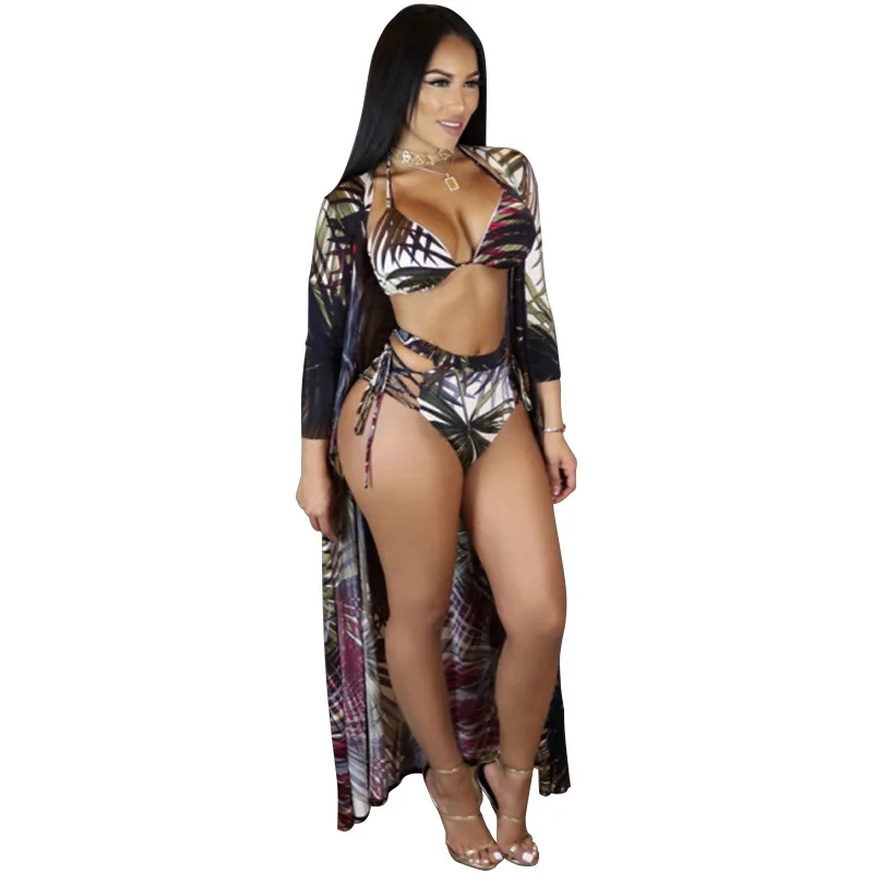 Купальник накидка с высокой талией и принтом листьев комплект бикини 2021
