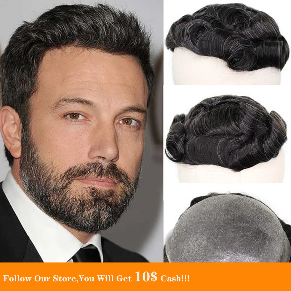 

BYMC парик мужской черный 6 дюймов смешанные 40% белый человеческие волосы натуральных волос PU Замена Системы с Clipscorta pelo hombre