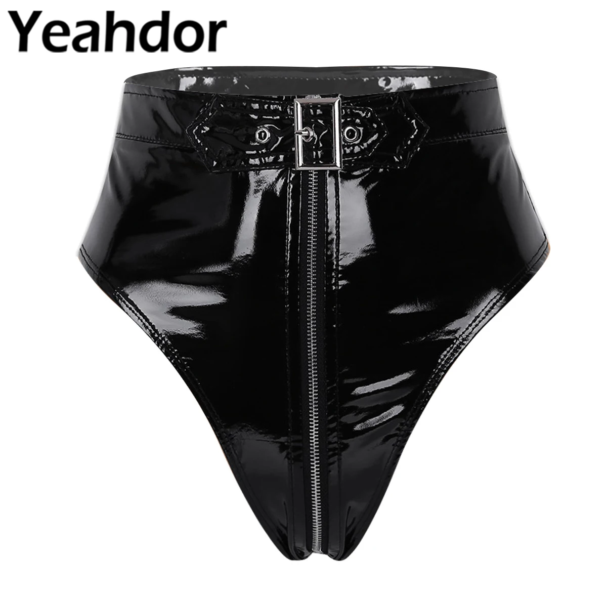 Женская сексуальная бельевая трусики Wetlook Clubwear PVC с высоким вырезом на молнии с ремешком и открытой промежностью Пикантные трусики
