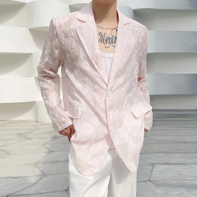 

Summer Blazers for Men Embroidery Loose Casual Translucent Pink Thin Suit Jacket Blazers Oversize Male Suit Coat Stage Clothing