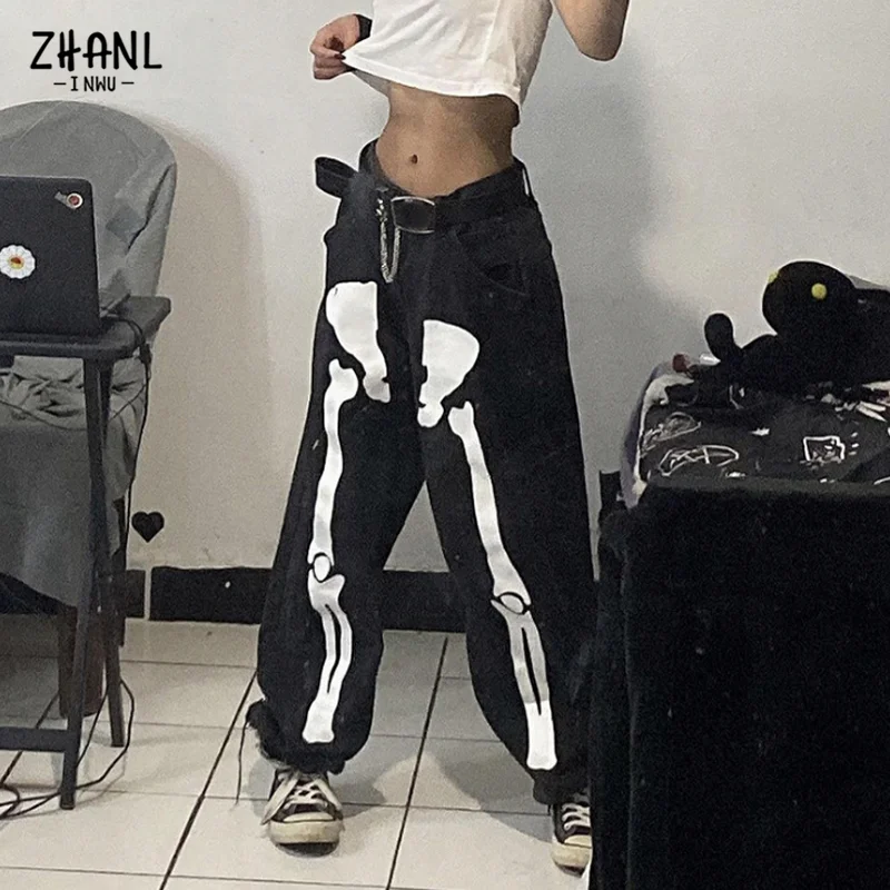 

Women's Skeleton Printing Wide Leg Pants Women Vintage High Waist Jeans Y2K Streetwear Boyfriend Hip Hop Straight Denim Trousers