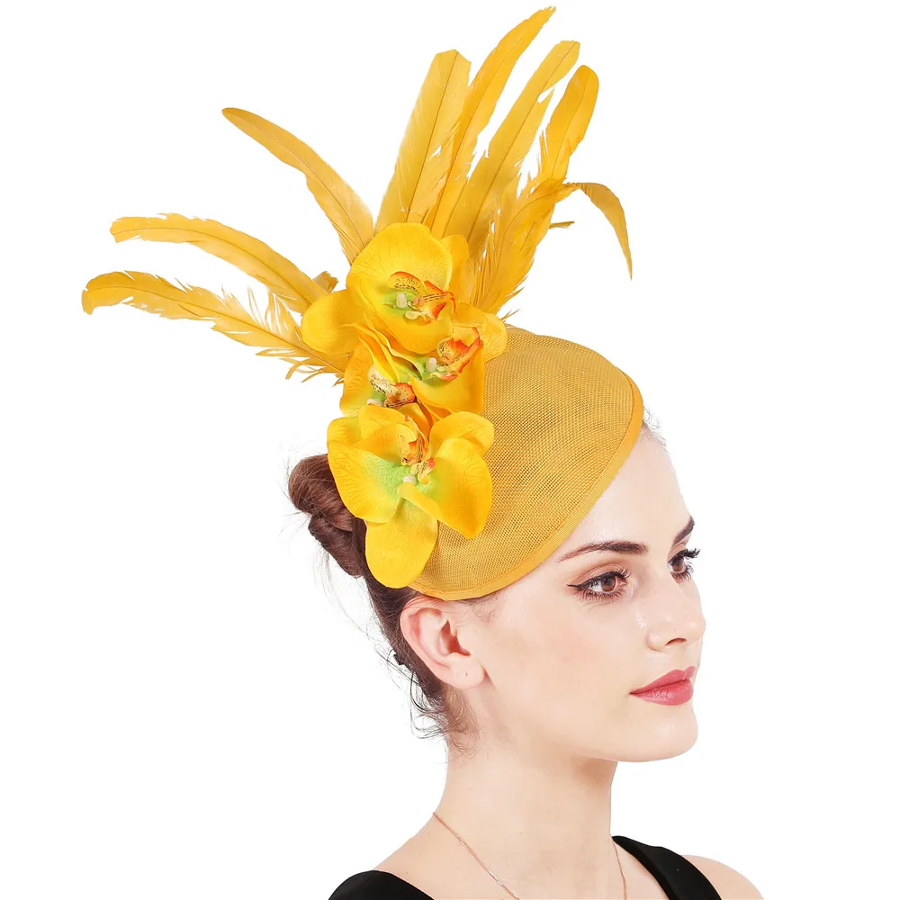 Sombreros elegantes para mujer, sombrero amarillo Derby, flor para dama, sombreros de Iglesia Sinamay, sombreros de ala grande, sombreros de fiesta de boda, SYF701