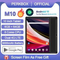2022 world version perkbox m10 tablet pc 10 inch google android 11 0 os 6gb ram 64gb rom dual 4g lte network 6000mah battery pad