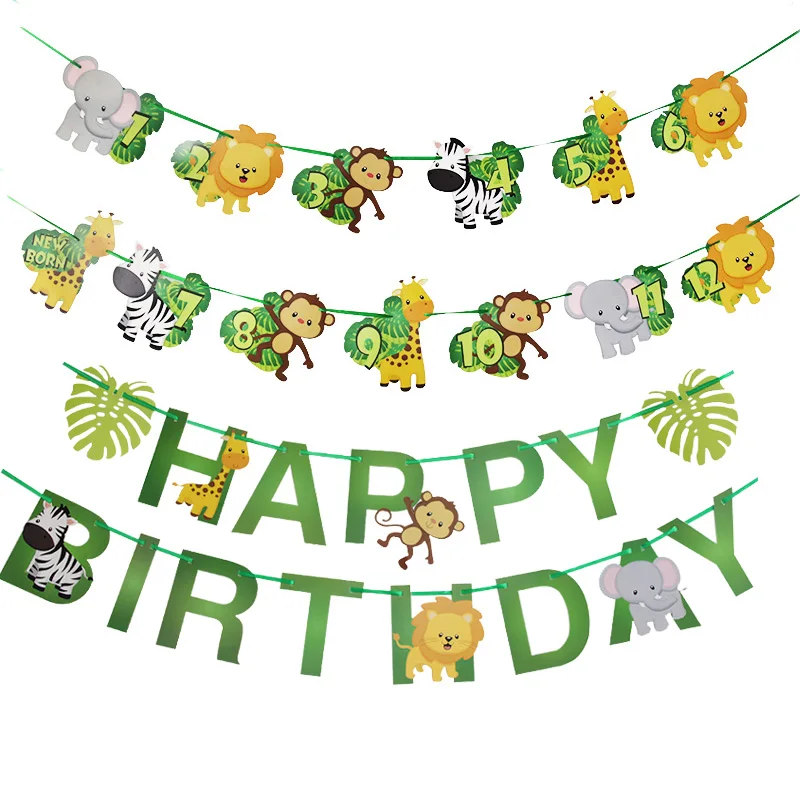 

WEIGAO Jungle Happy Birthday First Birthday Banners 12 Months Photo Safari Bunting Garland Baby Shower Boy Girl Party Decoration