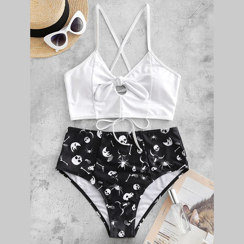 

Casual Skull Printed Two Piece Bikini Set Halter Lace Up Swimsuit Cross 2020 Mujer Women Cut Out Push Up Swimsuit