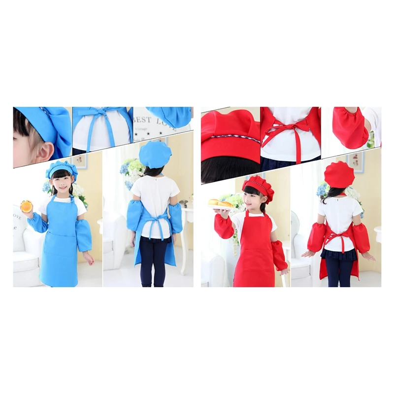 2x Kids Full Apron Bib Set with Pocket and Hat Sleeves Craft Kitchen Chef Cooking Art Children Diy Apparel Blue &amp Red | Дом и сад