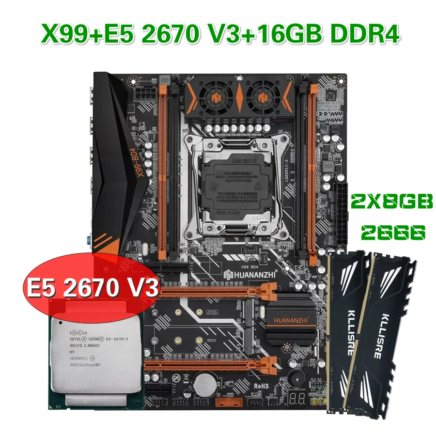 Комплект материнской платы HUANANZHI X99, комплект XEON E5 2670 V3 2*8G DDR4 2666 NON ECC память NVME USB3.0 ATX - комплектующие для пк