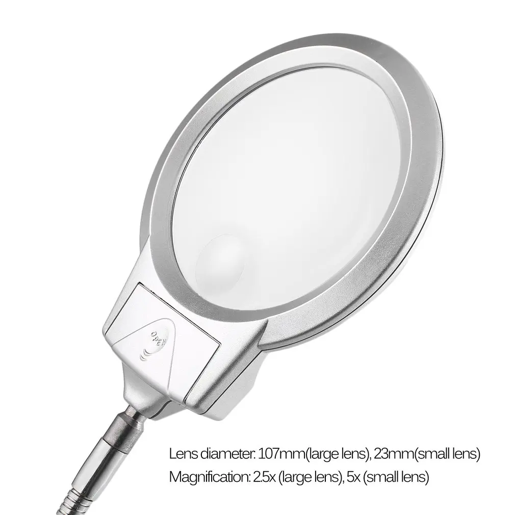 

Metal Hose Magnifier 2.5X 107MM 5X 23MM LED Illuminating Magnifying Glass Desk Table Reading Lamp Light with Clamp Clip-on New