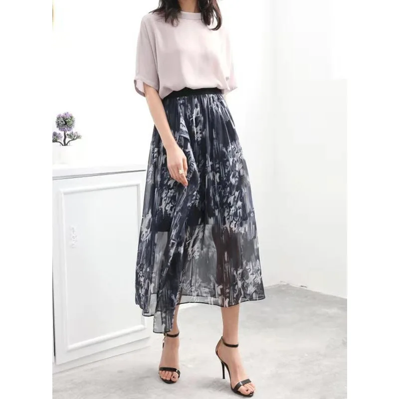 Женская шифоновая юбка с цветочным принтом винтажная длинная трапеция из шелка