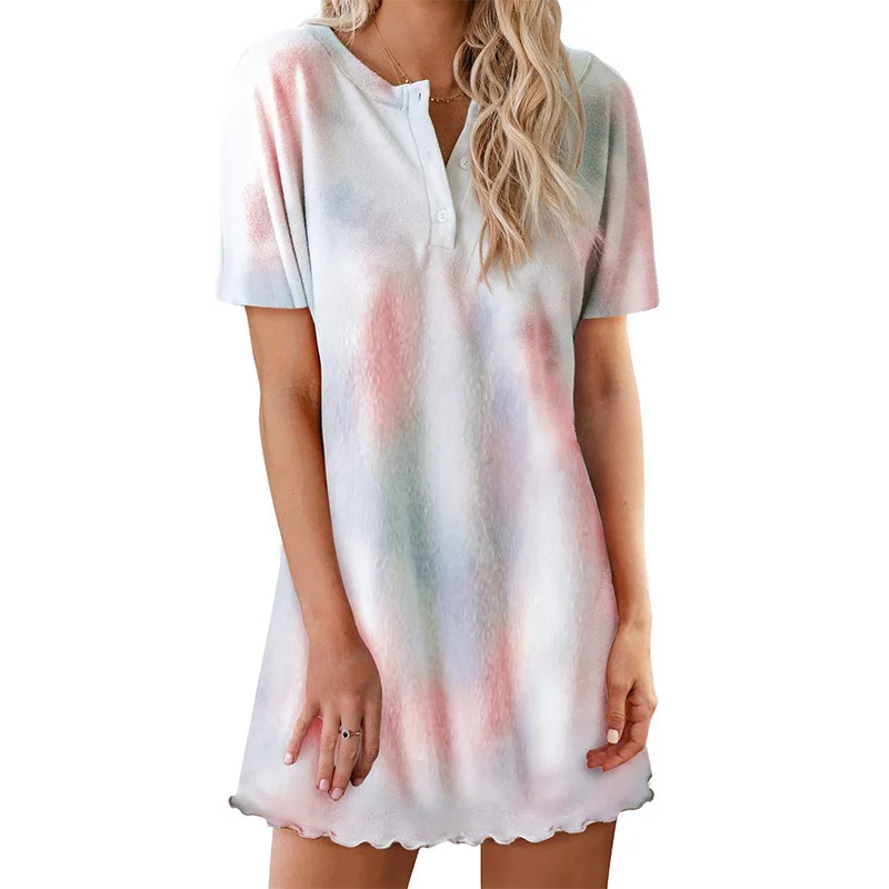 

Rainbowwaves Women Nightdress Tie Dyed Pullover Short Sleeve Pajamas