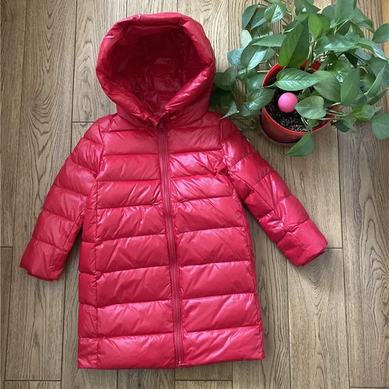 

2020 Winter New Children's Long Thick Down Jacket Boys and Girls Over-knee Bright Bread Jacket Fashion Unisex Solid Long Zipper