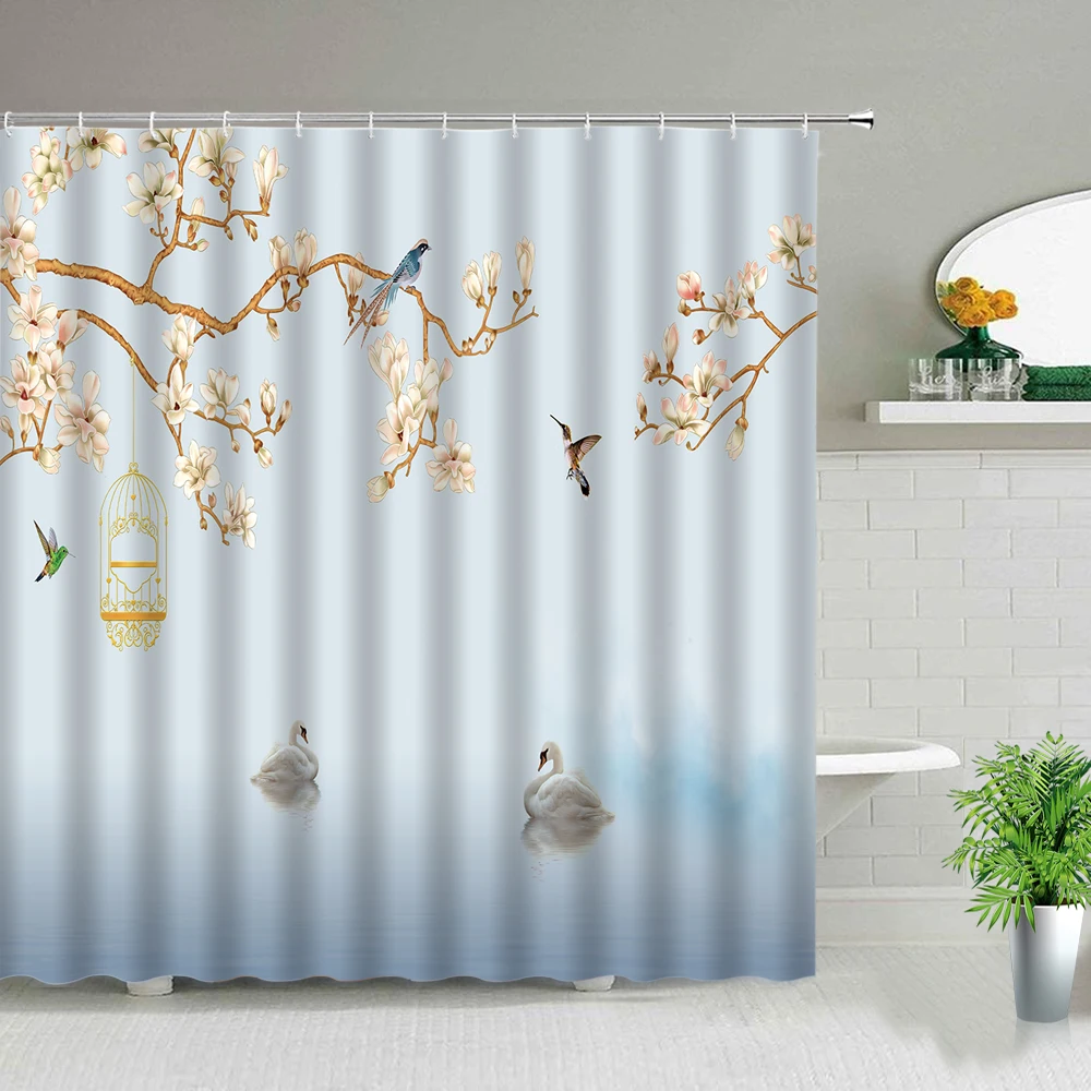 

Chinese Style Flower Bird Swan Scenery Shower Curtains Floral Plant Peacocks Landscape Bathroom Waterproof Fabric Bath Screen