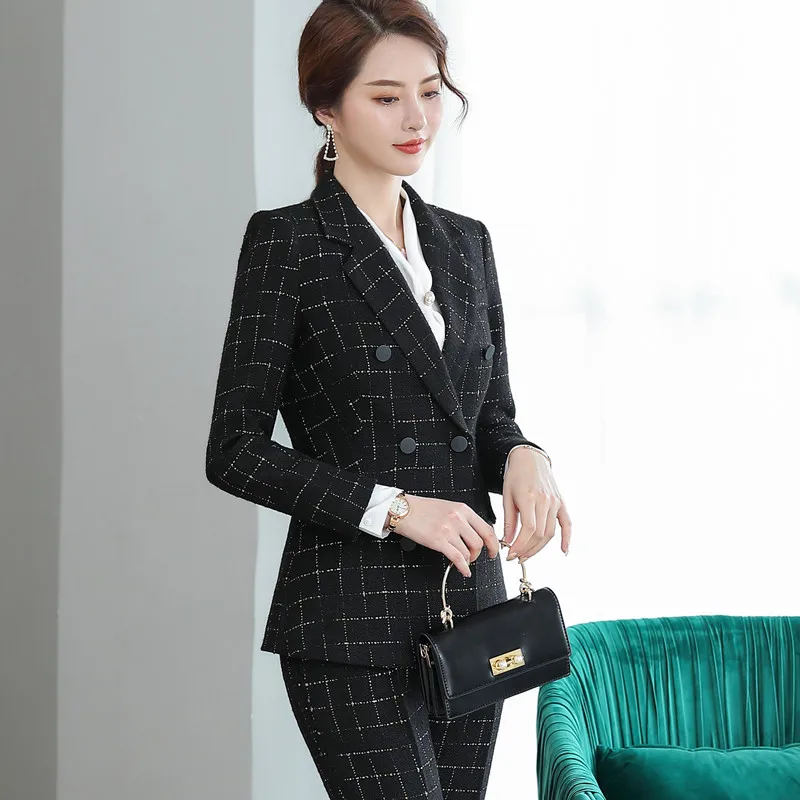 Женский костюм с брюками в клетку деловой длинным рукавом и брюки для офиса