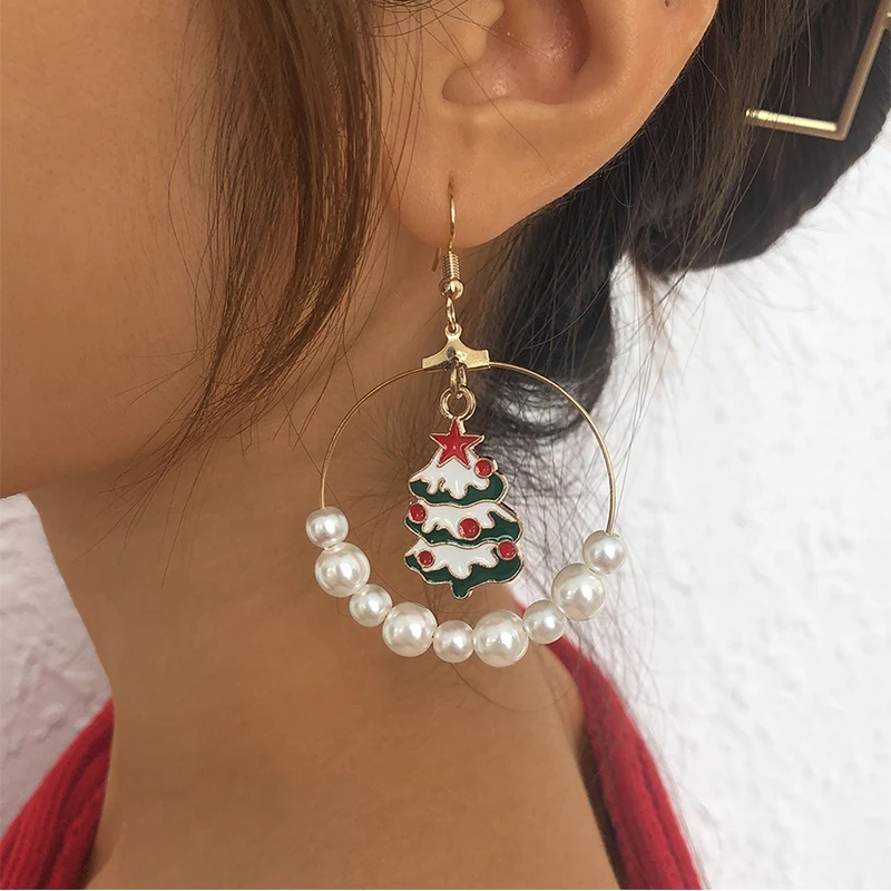 

2021 New Classic Imitation Pearl Circle Earrings Christmas Series Elk Cane Fashion Earrings Girl's Unusual Accessories For Woman