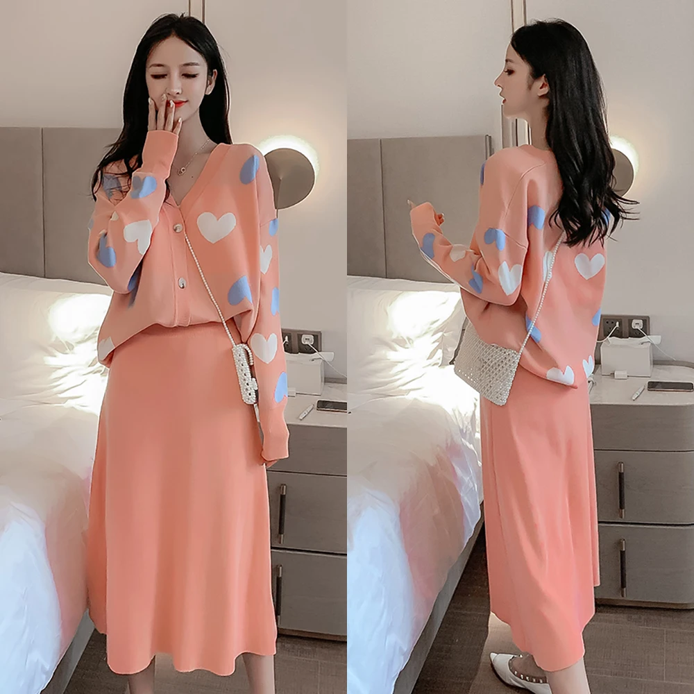 Женский комплект из 2 предметов вязаный свитер кардиган топ + юбка длинный рукав