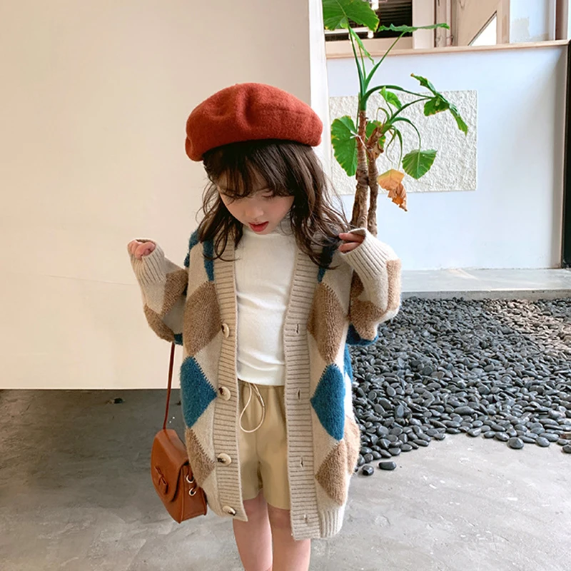 

Girls Winter Knitted Jackets Autumn Kids Fashion Plaid Sweater Coats 5-15 Years Children Casual Cardigan Clothes