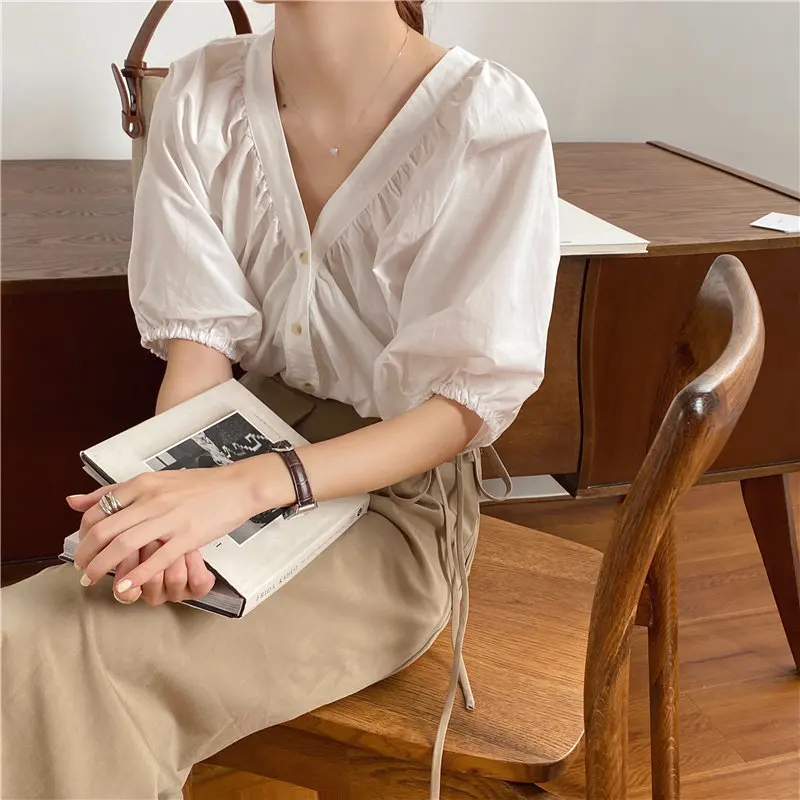 

HziriP Summer Solid V-Neck Loose Leisure Puff Sleeves 2020 Thin Brief Chic Tops Fashion All Match Women Casual Sweet Blouses