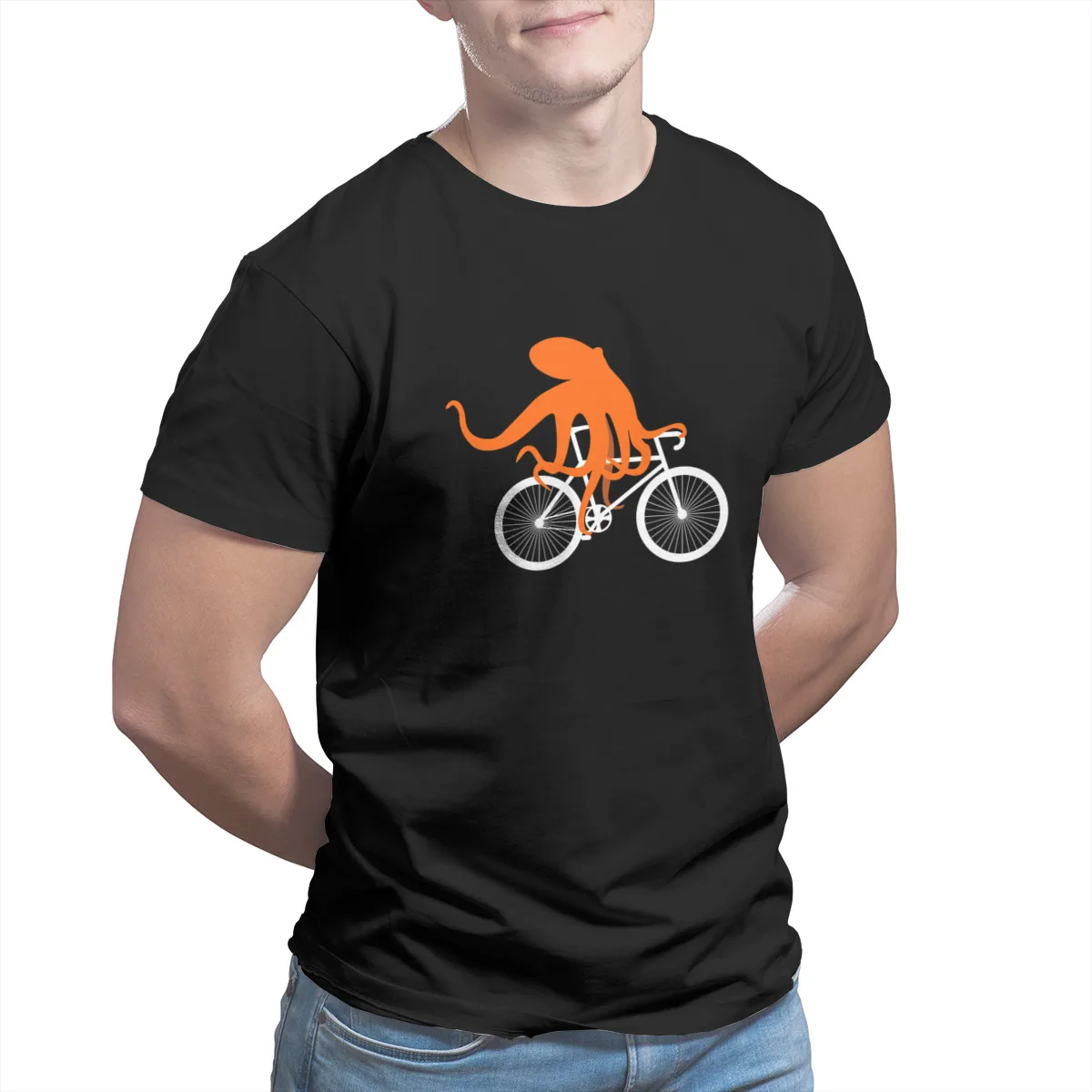

Funny Cycling Octopus Riding Bicycle T-Shirt 100% Cotton Black Wholesale Clothes Round Collar Top quality Tshirts 24375