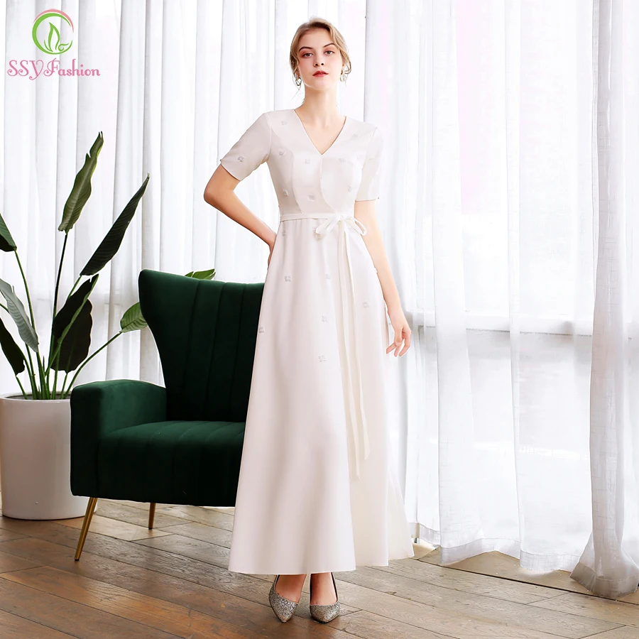 Женское вечернее платье SSYFashion элегантное белое с V образным вырезом коротким