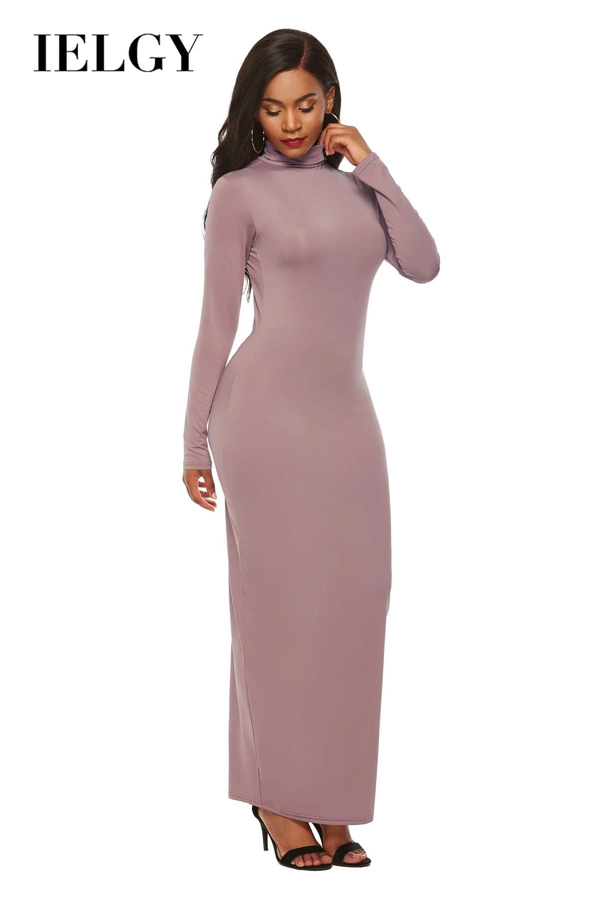 

IELGY Foreign trade women's European and American fashion solid color long sleeve elastic slim high collar dress