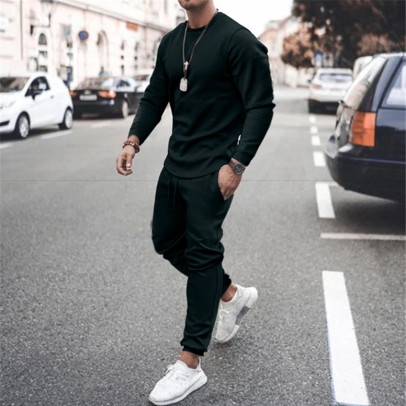 

Spring Summer Casual Men Tracksuit 2021 Fashion Two Piece Sets Long Sleeve O-Neck Tops And Jogger Trouser Outfits Men Streetwear