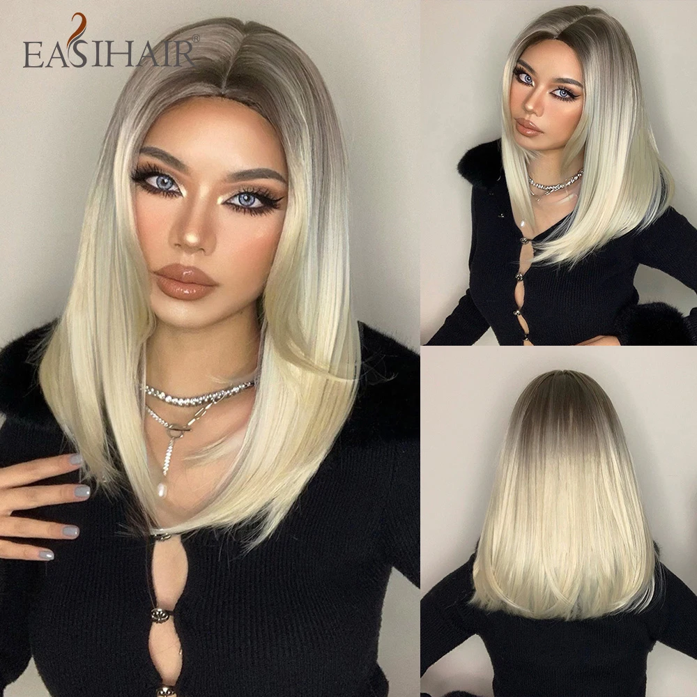 

EASIHAIR Light Blonde Ombre Wigs Synthetic Hair Wigs for Women Natural Bob Wigs Middle Part Heat Resistant Cosplay Wig Layered