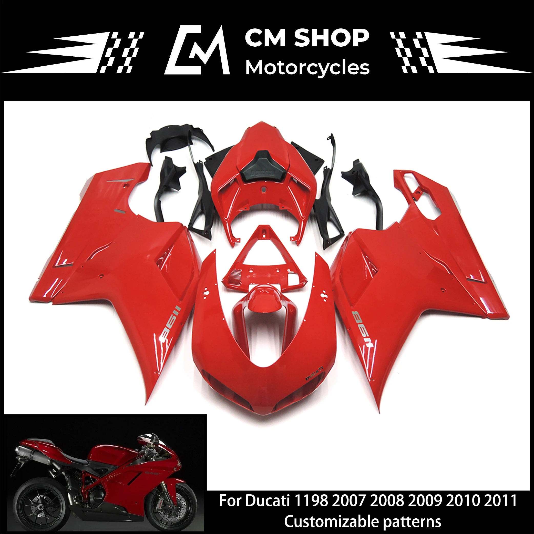 

Motorcycle Fairing Kit is Suitable For Ducati 848 EVO 1098 1198 High Quality ABS Injection Molding, Customizable Color 2007-2011