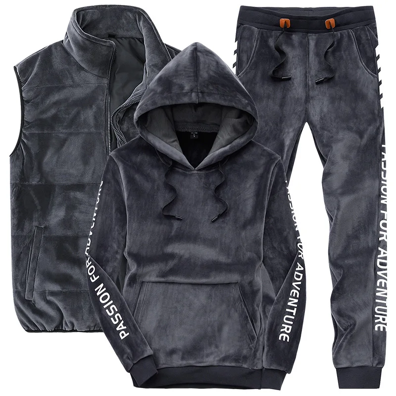 SS-2683ABC-Gray Мужской костюм с толстовкой, спортивные брюки, мужские зимние жилеты, высокое качество, пальто из плотной ткани, модный спортивный костюм(толстовка+ штаны+ жилет - Цвет: SS-2683ABC-Gray