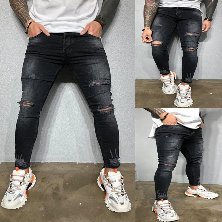 

Wimilous new casual jeans washed frayed skinny jeans frayed feet pleated jeans